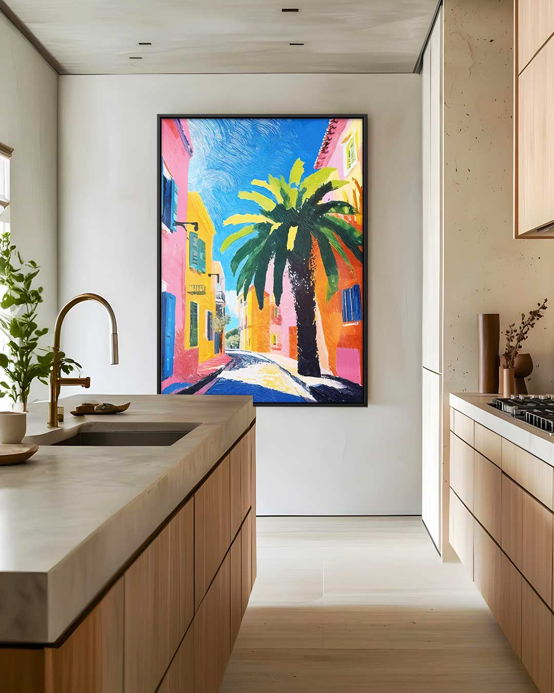 Zomerse Straat met Palmboom Kunstwerk-canvas-dibond-plexiglas-wanddecoratie-WallArtistic