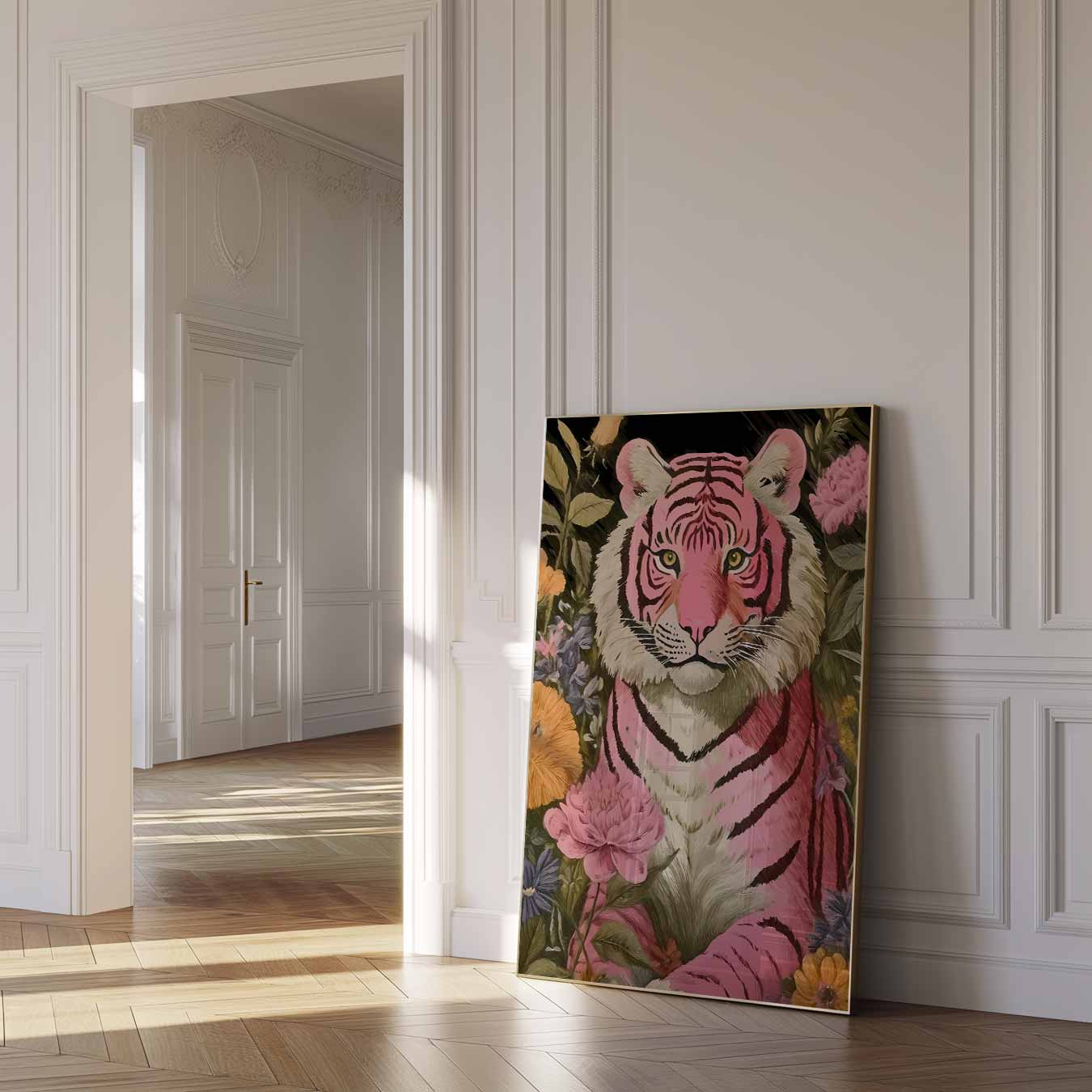Roze Tijger met Bloemen Poster