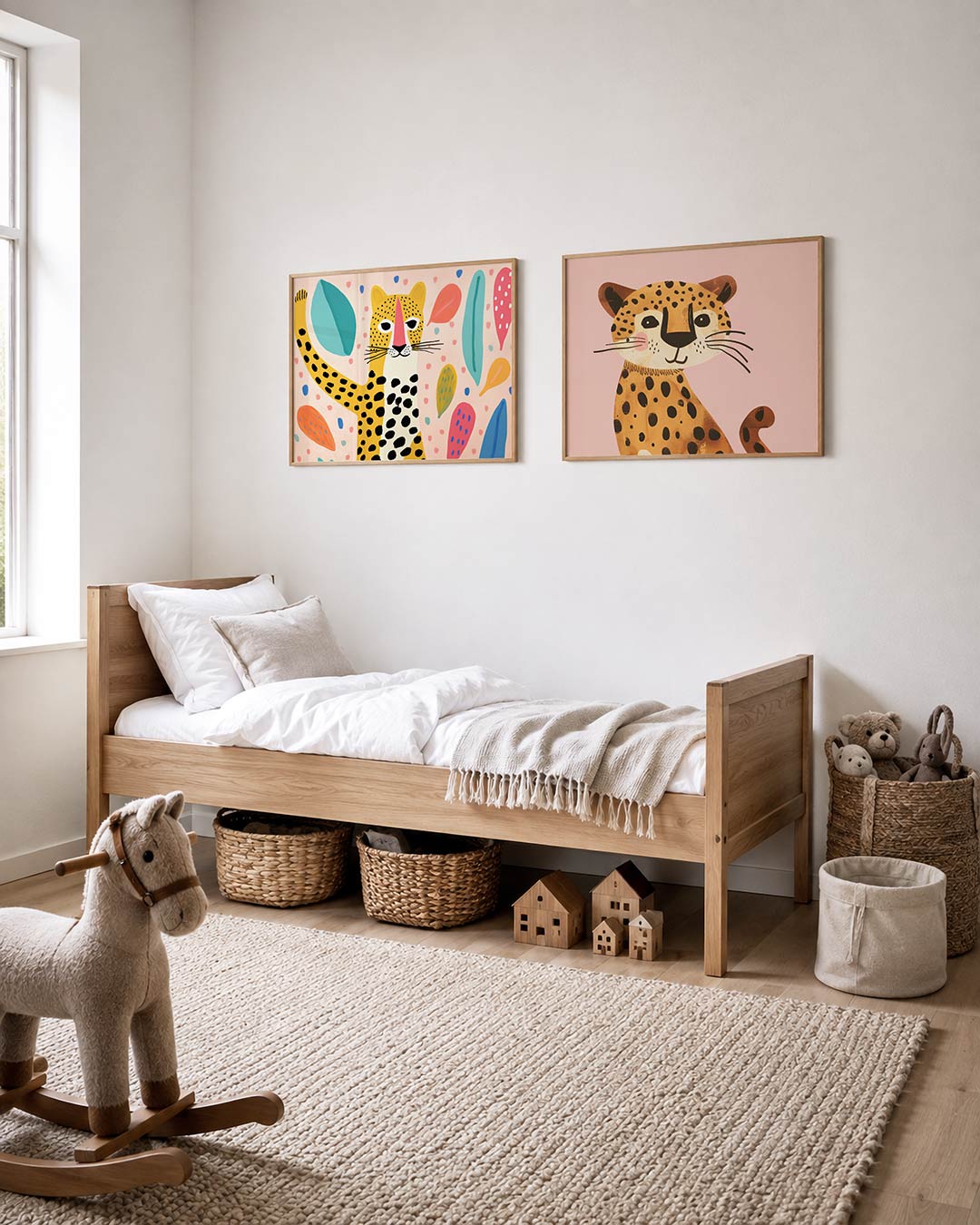 Twee liggende posters met een speelse luipaard omringd door kleurrijke bladeren en stippen, aan de muur in een interieur