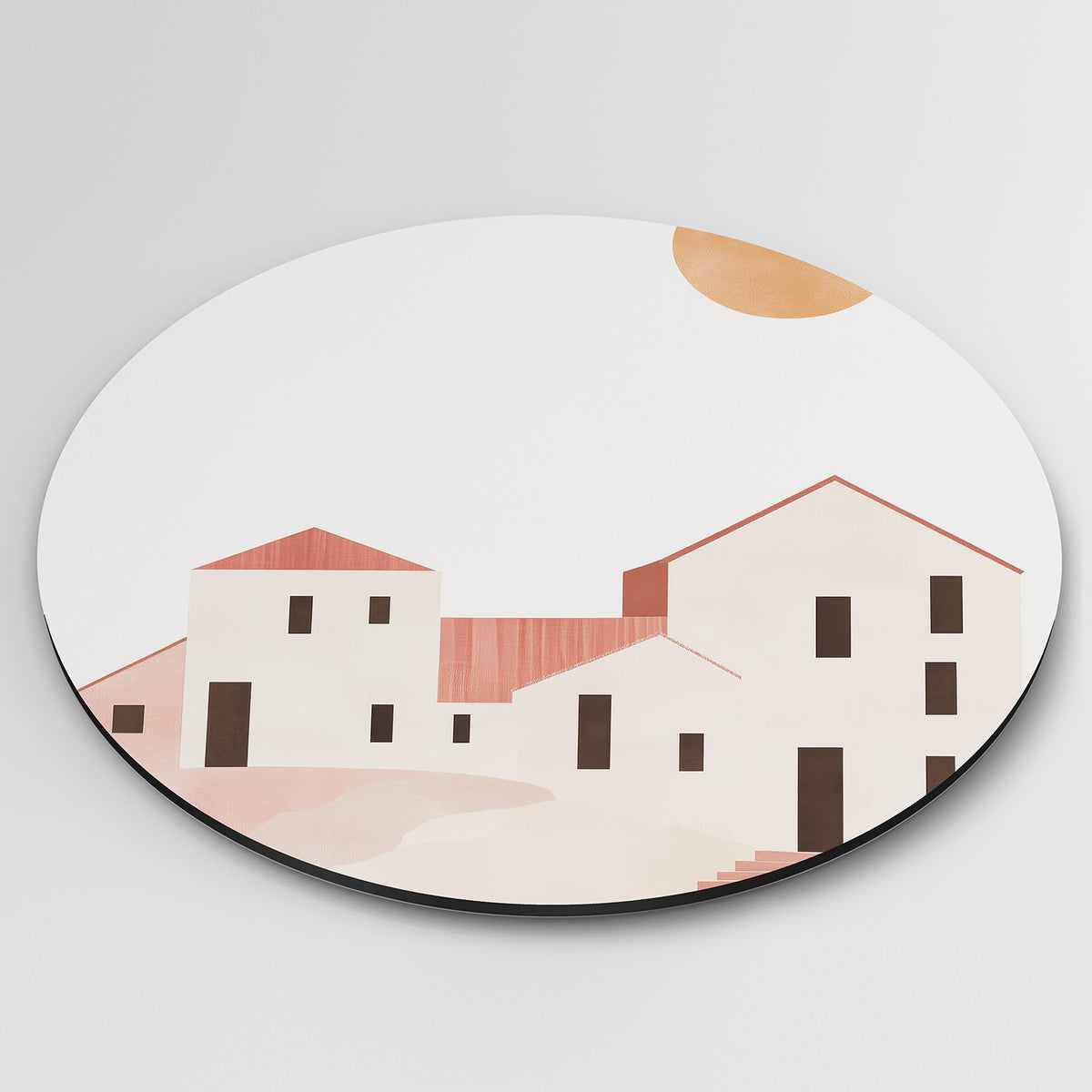 Minimalistische gebouwen Muurcirkel – detailweergave – De muurcirkel toont een reeks eenvoudige gebouwen in beige en bruin