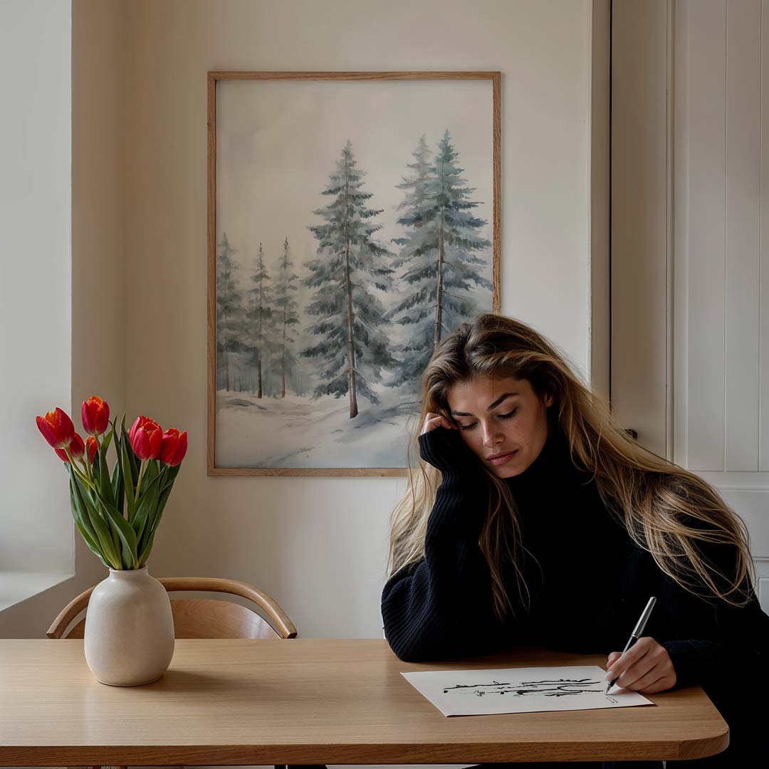 Winterse Dennenbos Poster-WallArtistic