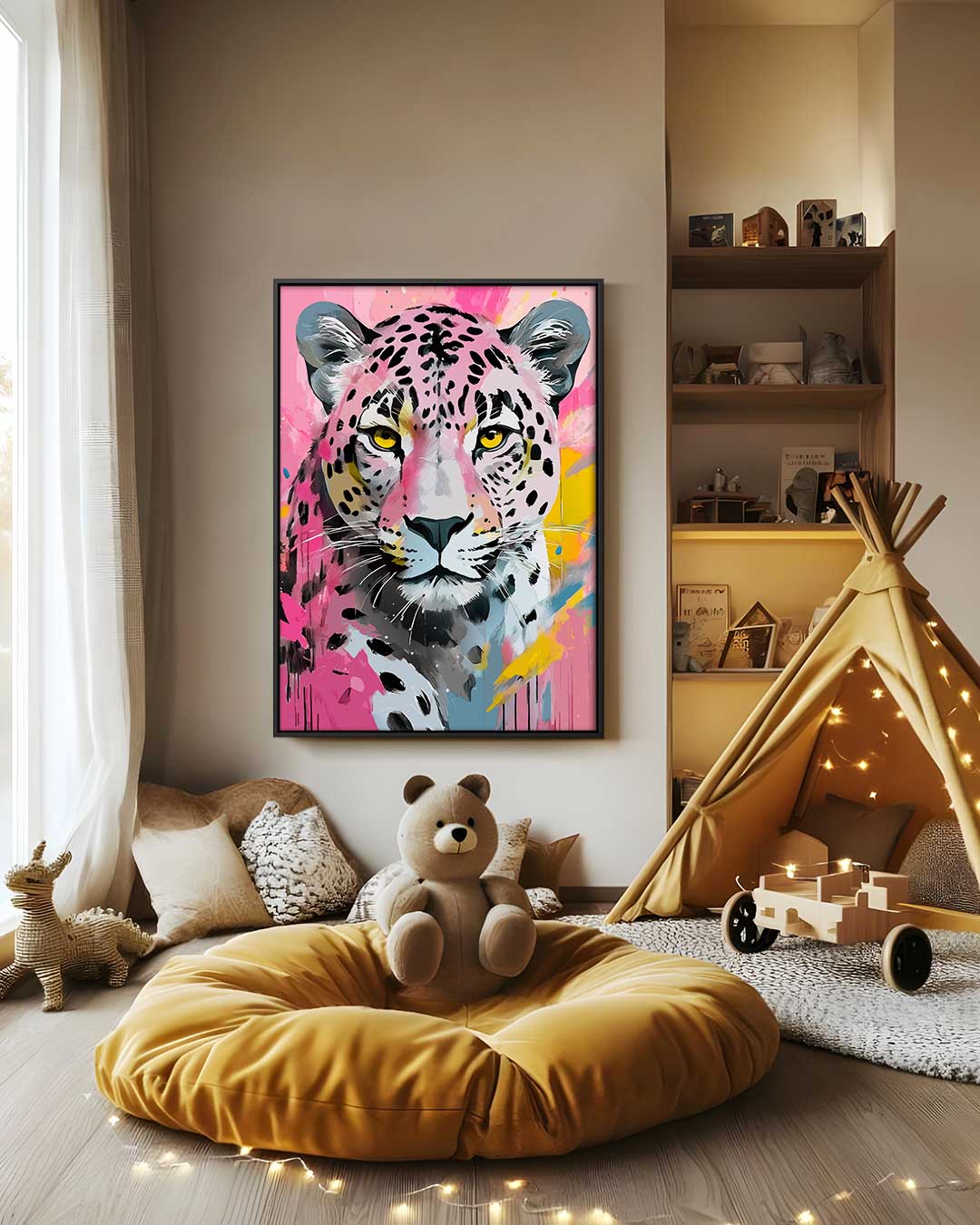 Kleurenexplosie Luipaard Kunstwerk-canvas-dibond-plexiglas-wanddecoratie-WallArtistic