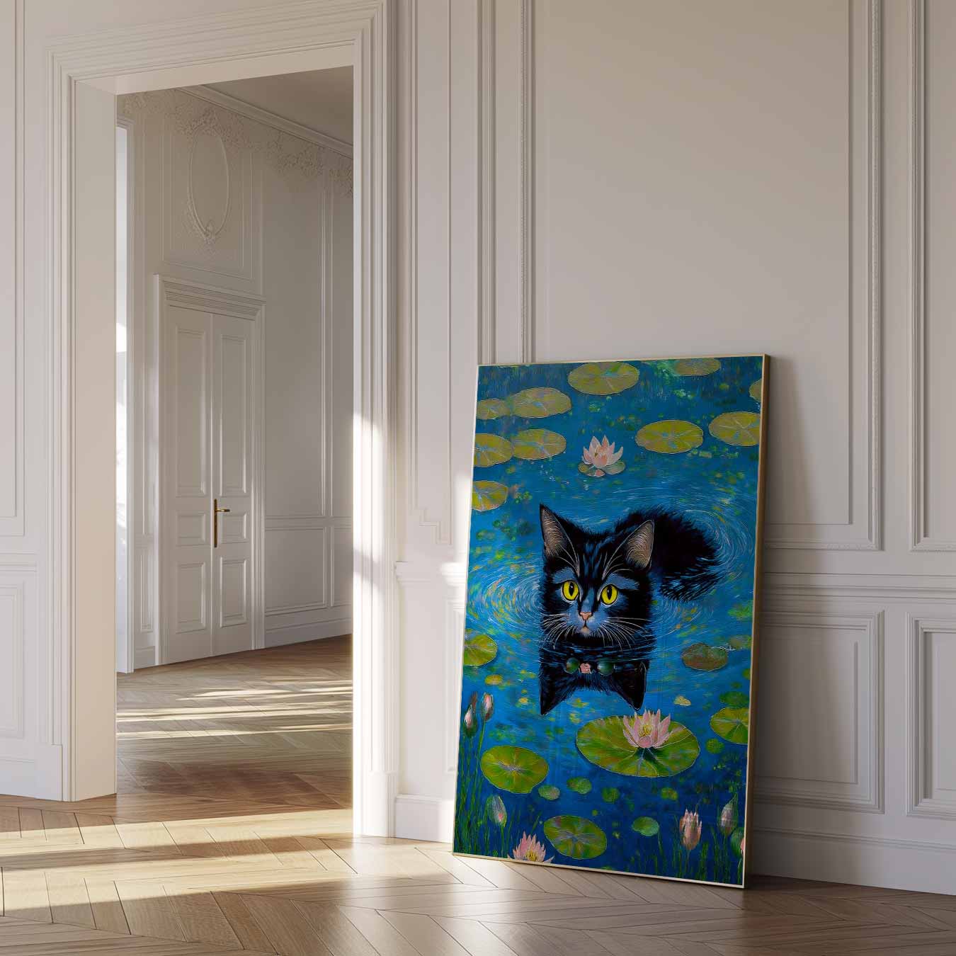 Zwemmende Kat in Waterlelies Poster-WallArtistic