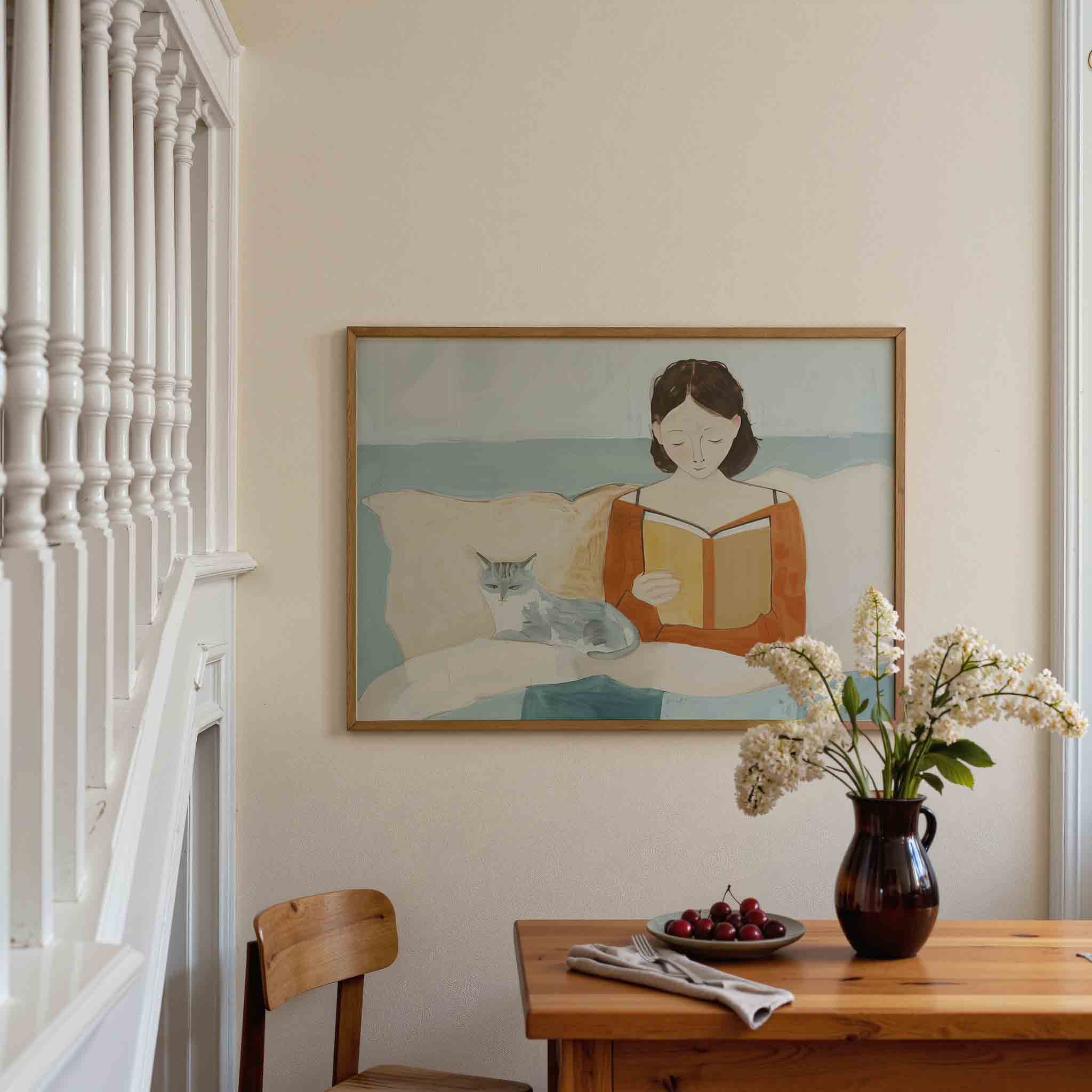 Lezende vrouw met kat Poster