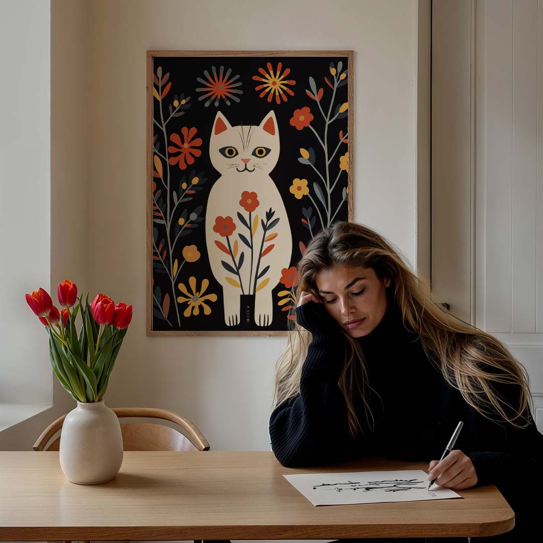 Vrolijke Kattenposter met Bloemen Poster-WallArtistic