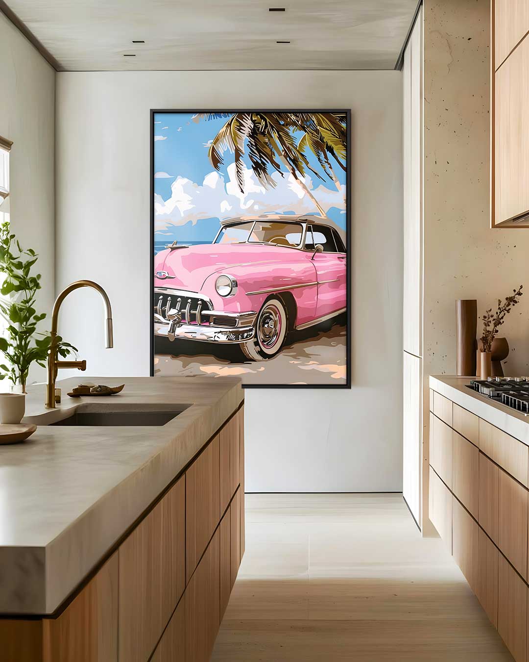 Roze Oldtimer aan het Strand Kunstwerk-canvas-dibond-plexiglas-wanddecoratie-WallArtistic