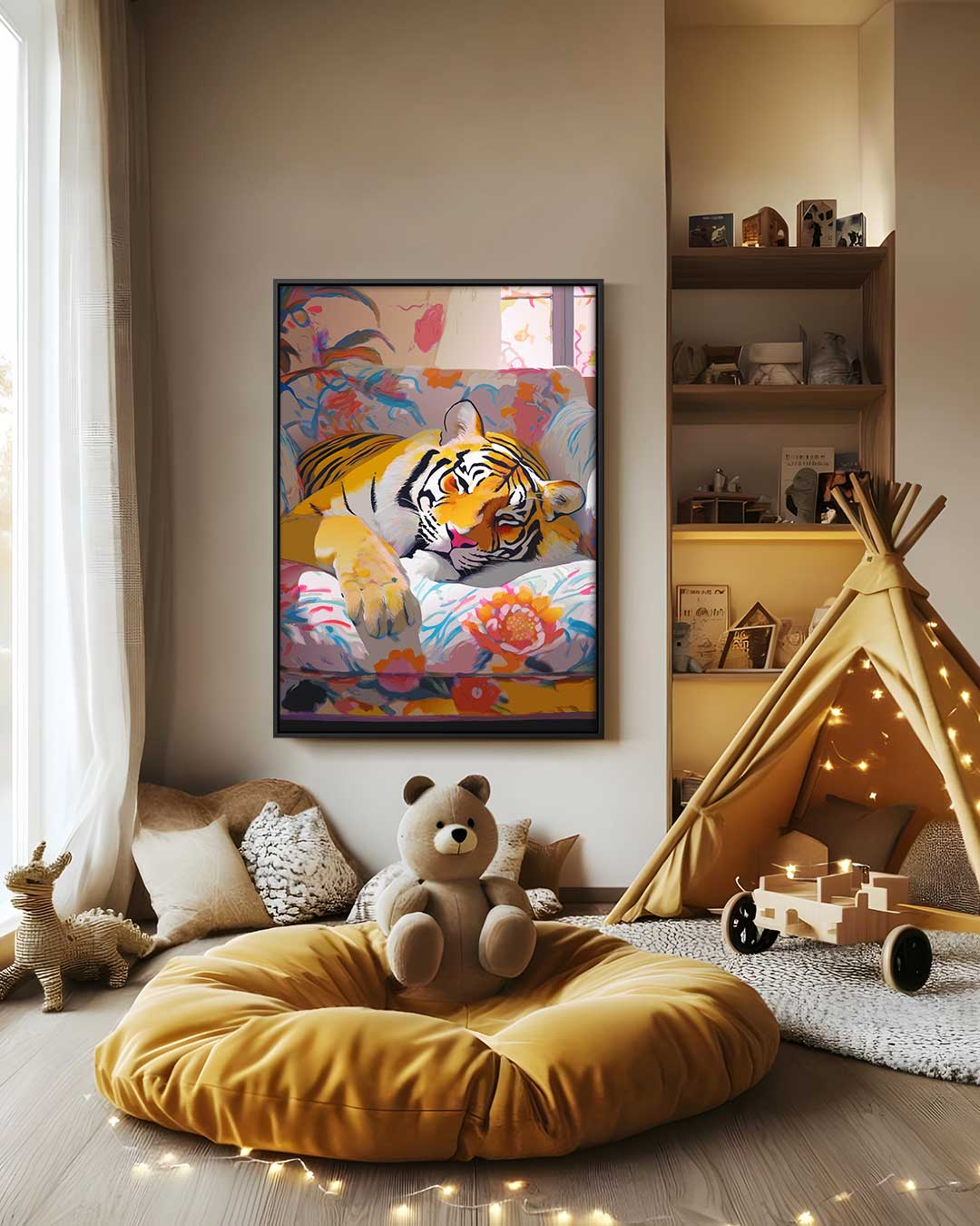 Luie Tijger Knus in Bloemenfauteuil Kunstwerk-canvas-dibond-plexiglas-wanddecoratie-WallArtistic
