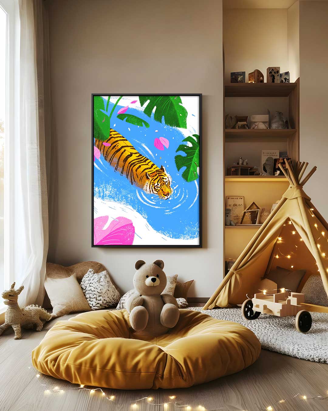 Zwemmende Tijger in Tropisch Water Kunstwerk-canvas-dibond-plexiglas-wanddecoratie-WallArtistic