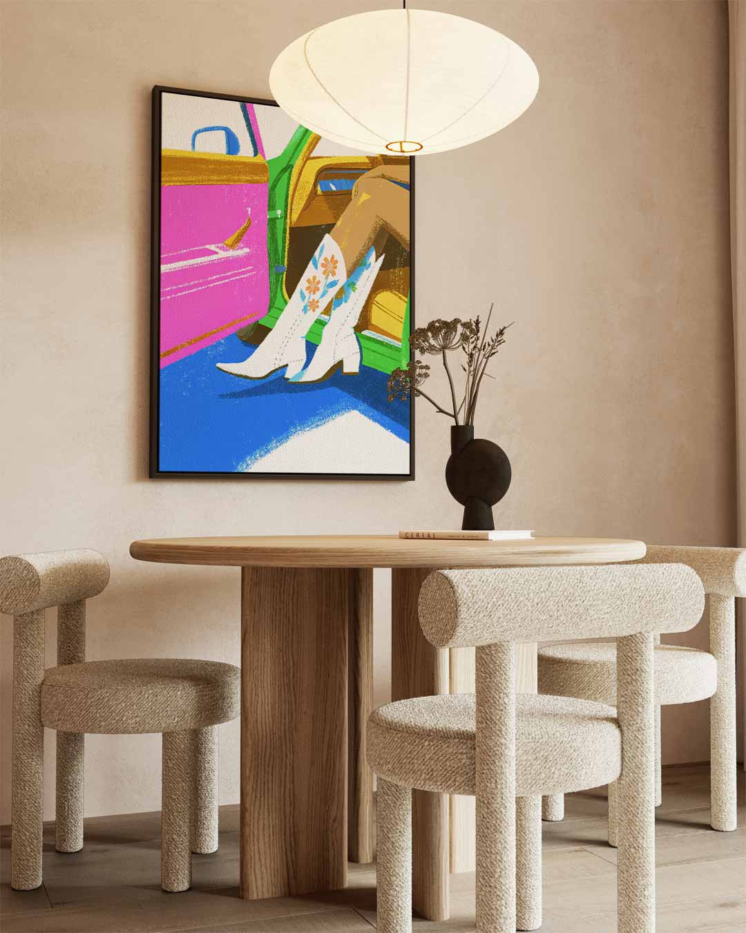 Stijlvolle Cowboylaarzen in Retro Auto Kunstwerk-canvas-dibond-plexiglas-wanddecoratie-WallArtistic