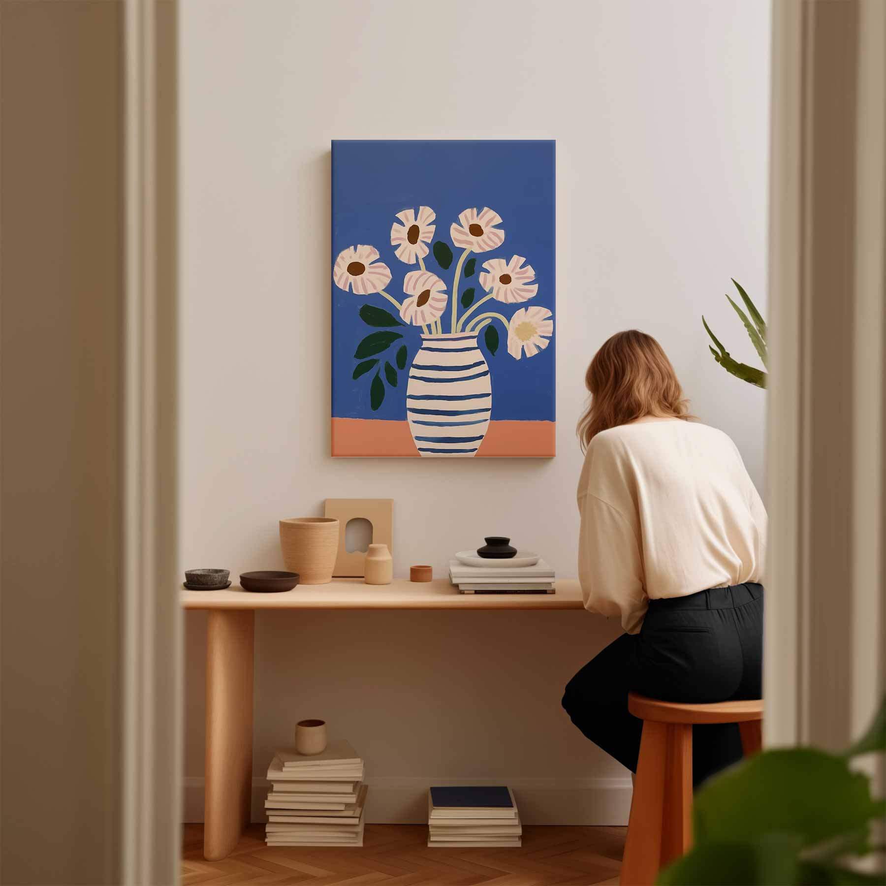 Stralende Bloemen in Gestreepte Vaas Kunstwerk-canvas-dibond-plexiglas-wanddecoratie-WallArtistic