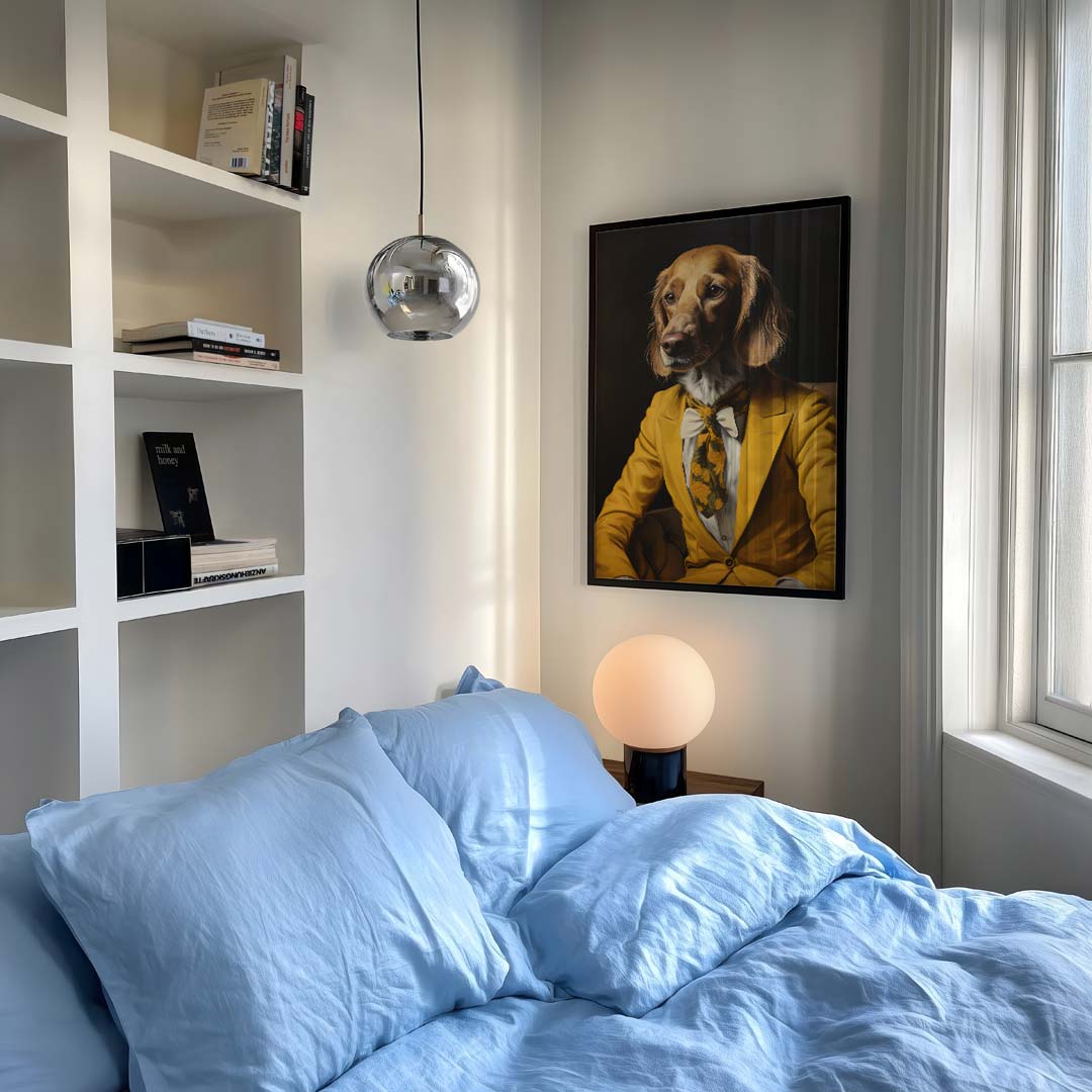 Stijlvolle Hond in Geel Kostuum Poster-WallArtistic