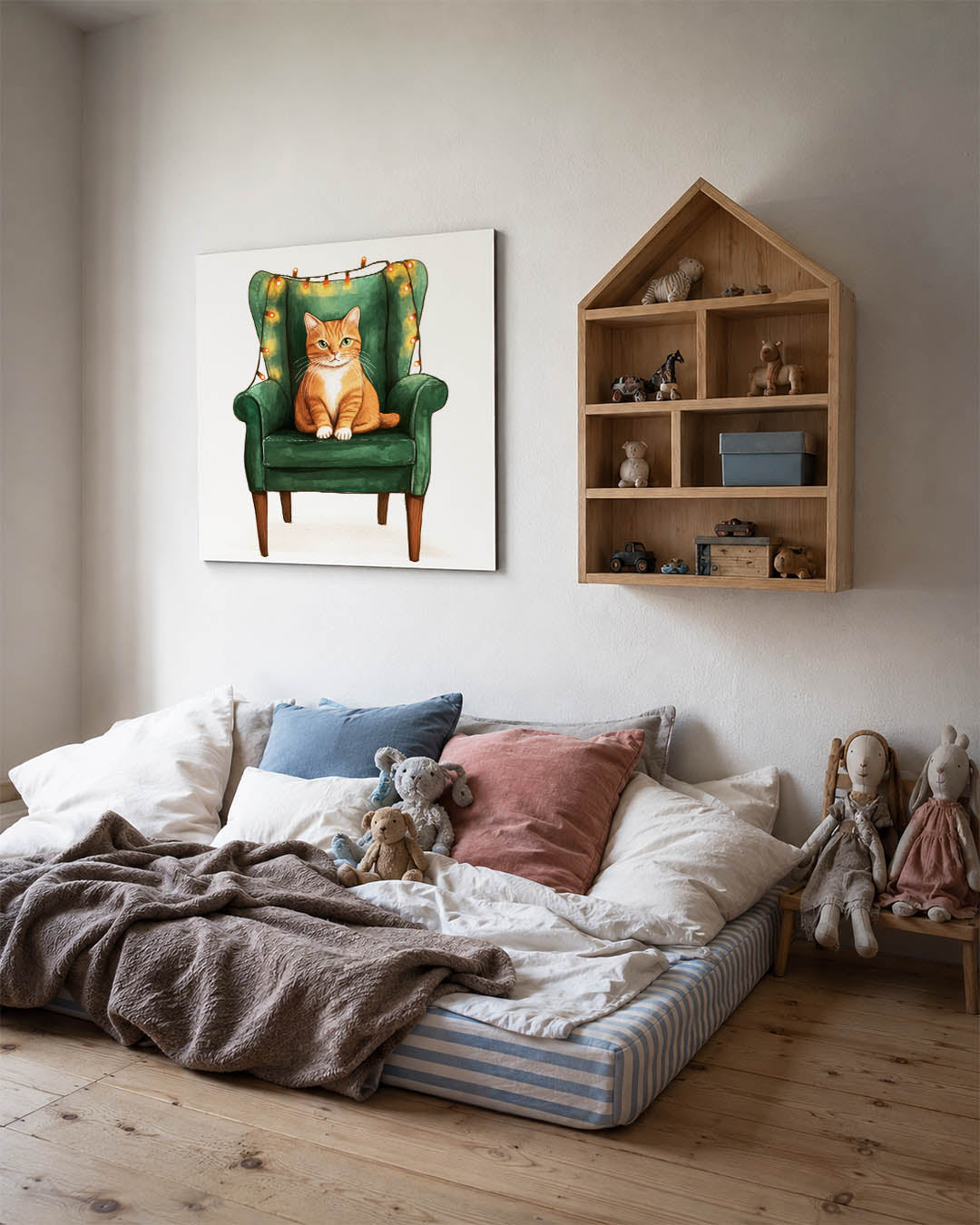 Kat op groene stoel Kunstwerk