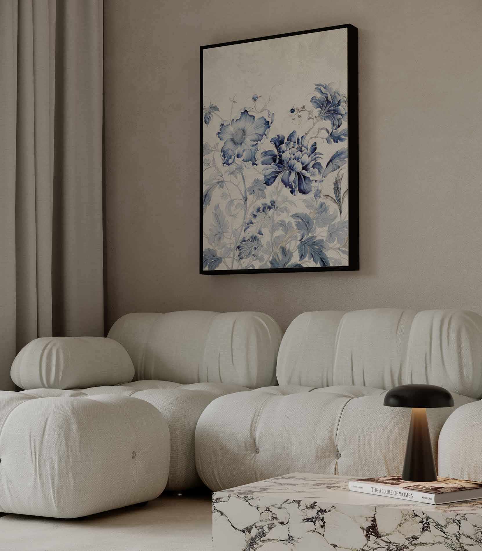 Dromerige Blauw-Witte Bloemen Kunstwerk-canvas-dibond-plexiglas-wanddecoratie-WallArtistic