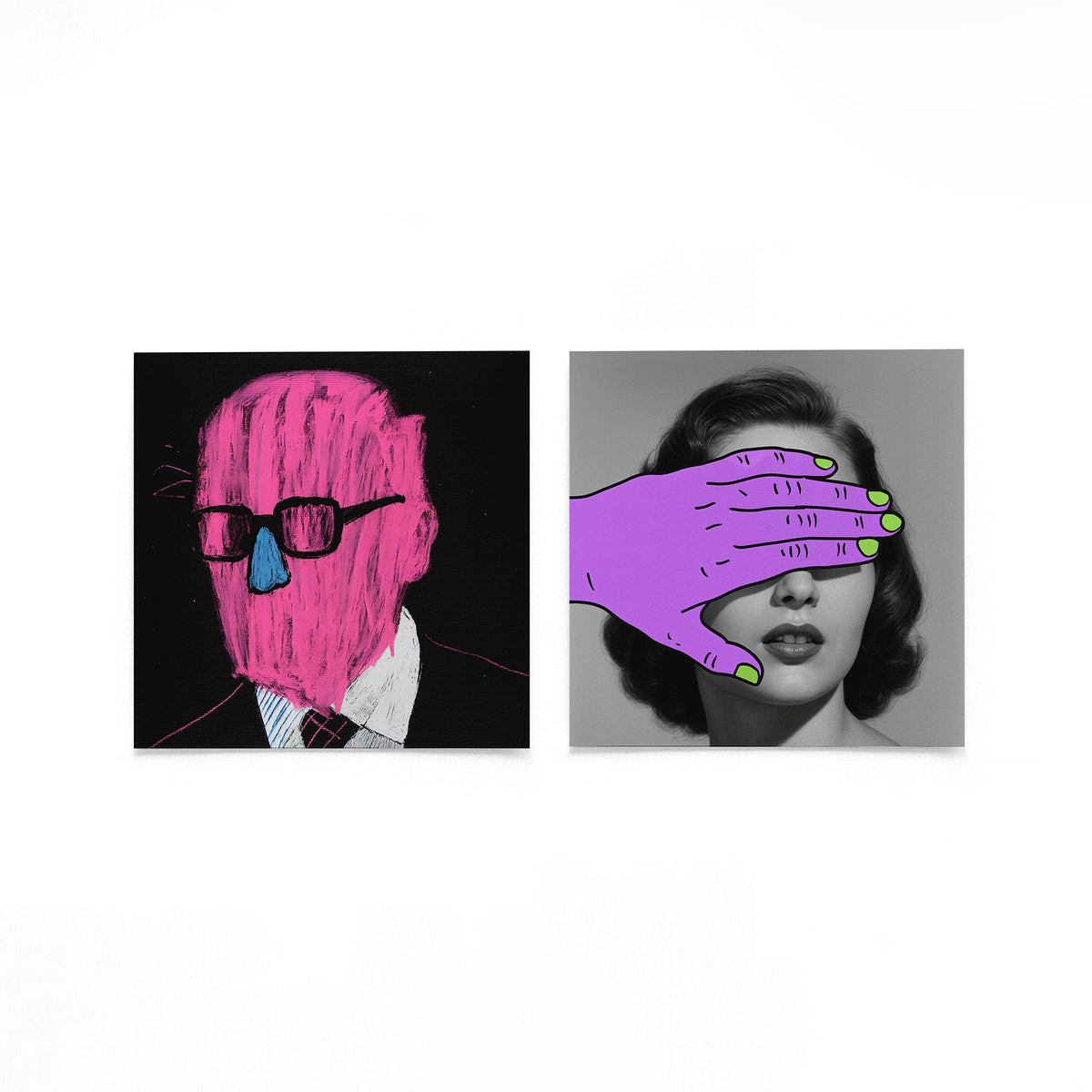 Twee vierkante posters met portretten met popkleur op een gebroken witte achtergrond