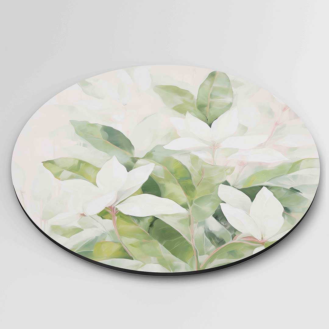 Witte bloemen en groene bladeren Muurcirkel