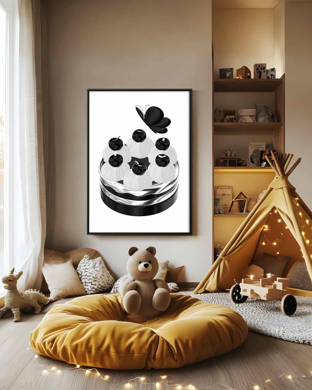 Zwart-witte vlinder op verfijnde taart Kunstwerk-canvas-dibond-plexiglas-wanddecoratie-WallArtistic