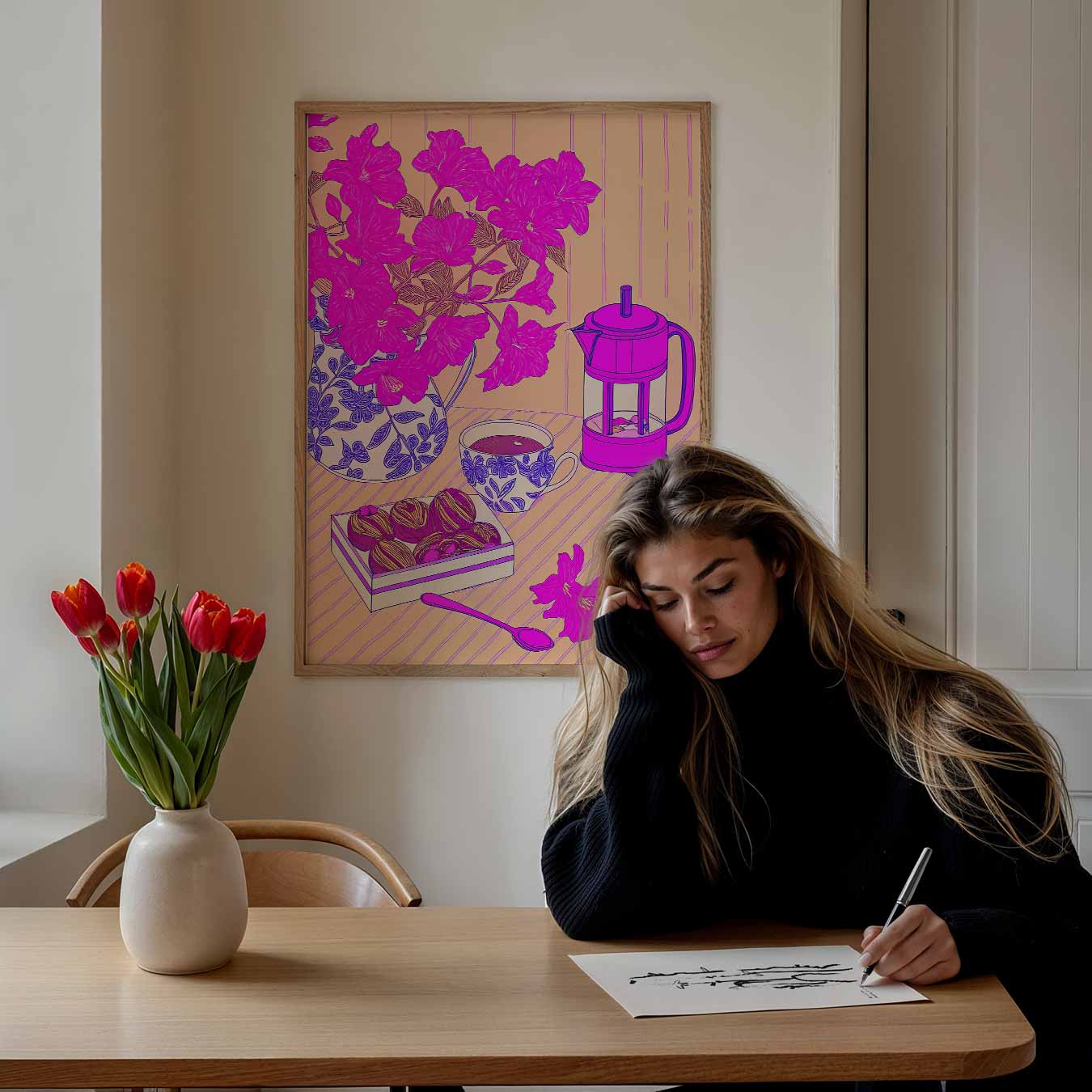 Roze Bloemen en Koffie Moment Poster