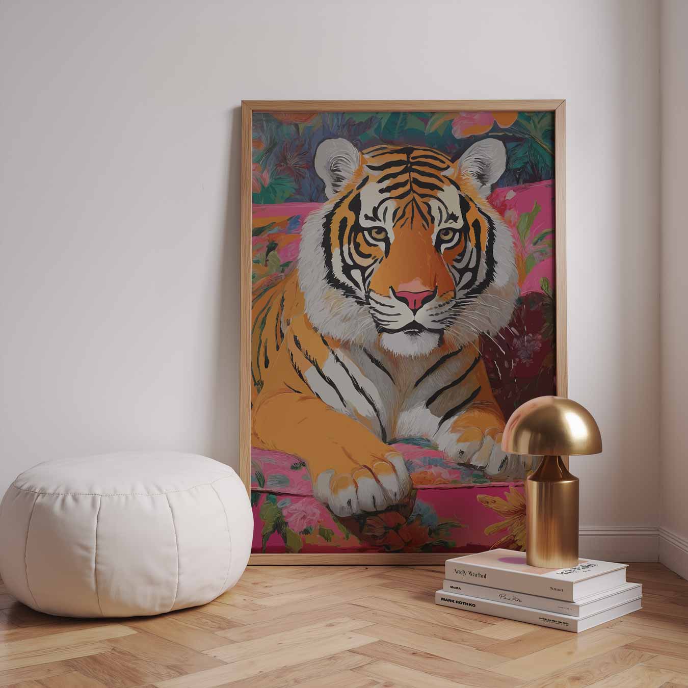 Kleurrijke Tijger op Bloemenbank Poster-WallArtistic