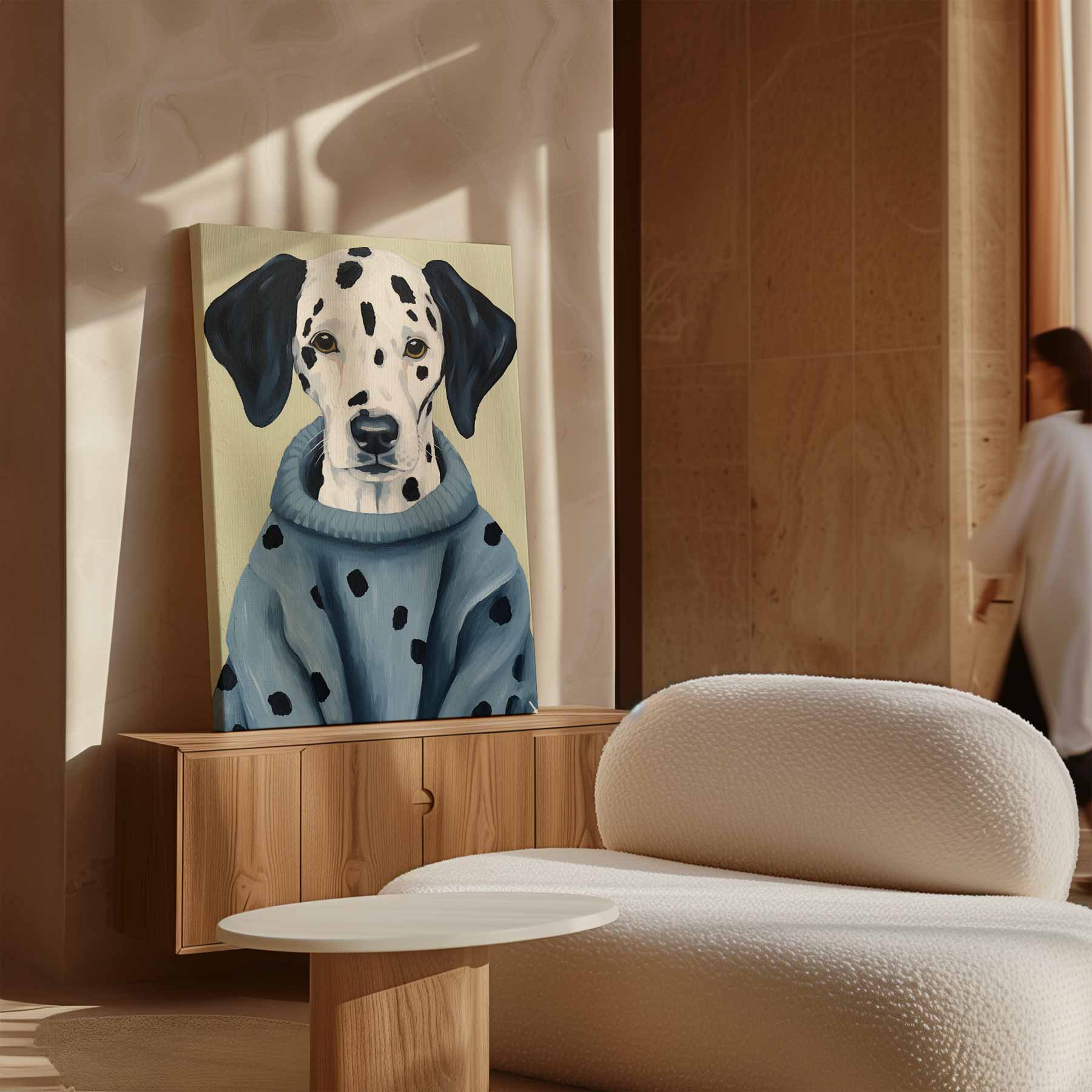 Stijlvolle Dalmatiër in Blauwe Trui Kunstwerk-canvas-dibond-plexiglas-wanddecoratie-WallArtistic