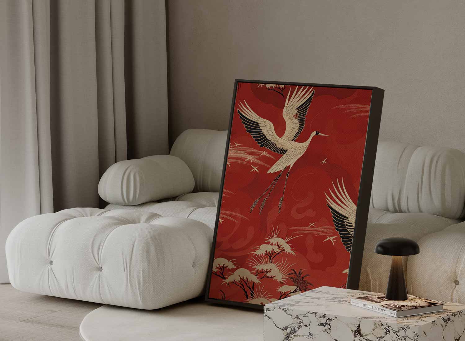 Vliegende Kraanvogels in het Rood Kunstwerk-canvas-dibond-plexiglas-wanddecoratie-WallArtistic