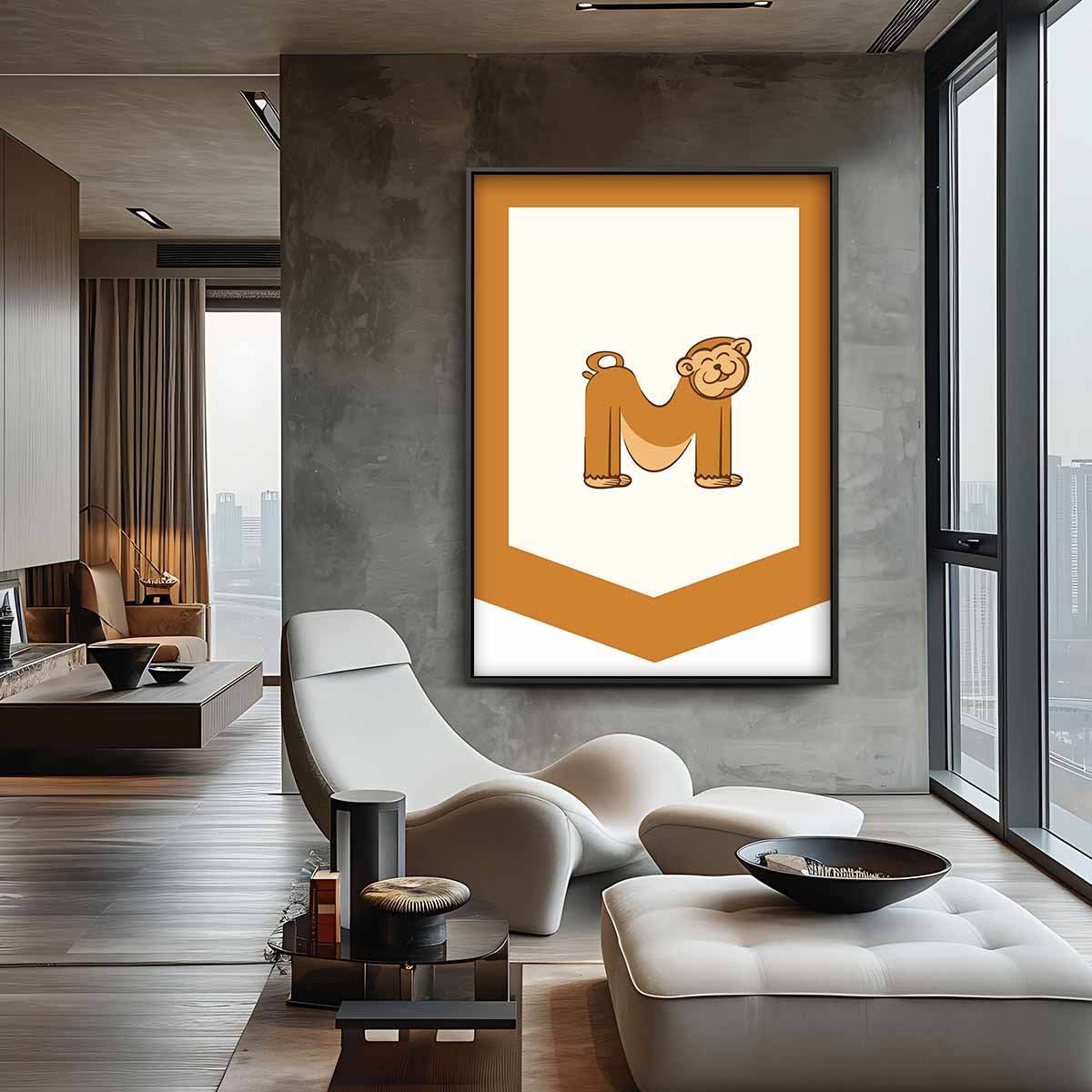 Vrolijke Apenletter M Kunstwerk-canvas-dibond-plexiglas-wanddecoratie-WallArtistic