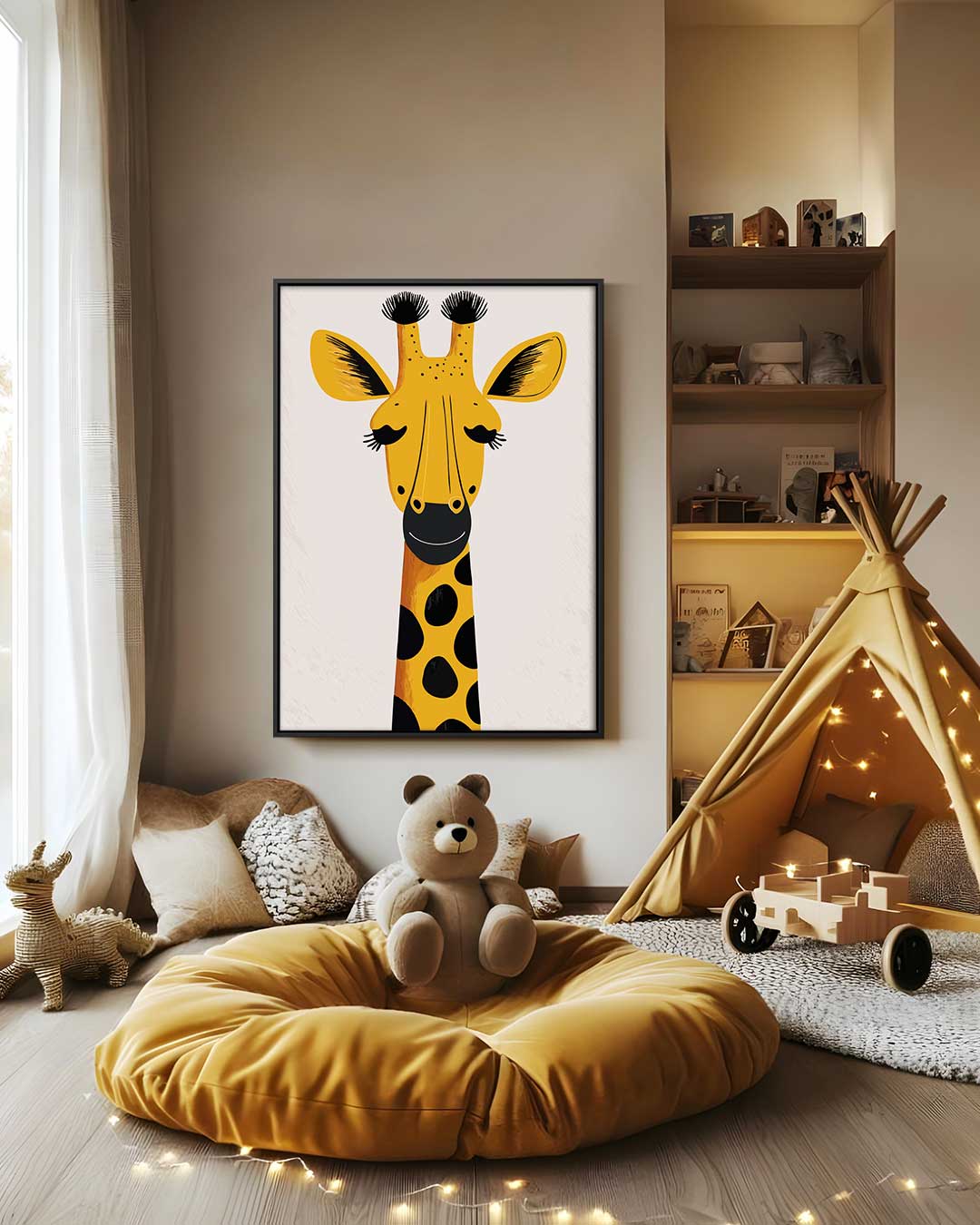 Vrolijke Giraffe Illustratie Kunstwerk-canvas-dibond-plexiglas-wanddecoratie-WallArtistic