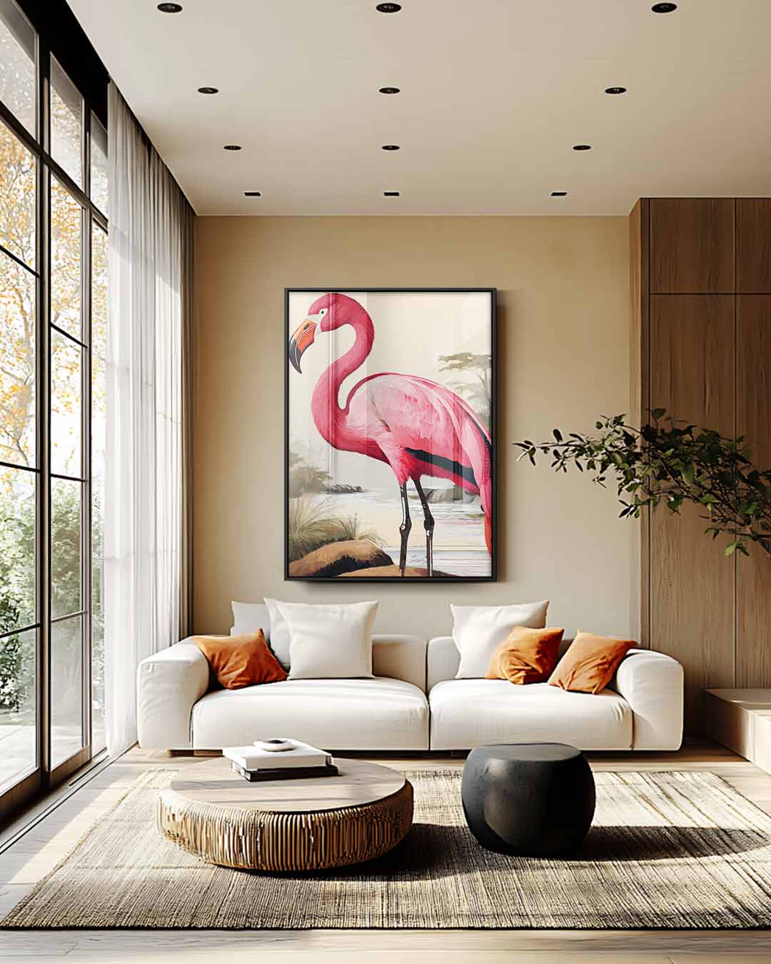 Elegante Flamingo bij Zonsondergang Kunstwerk-canvas-dibond-plexiglas-wanddecoratie-WallArtistic