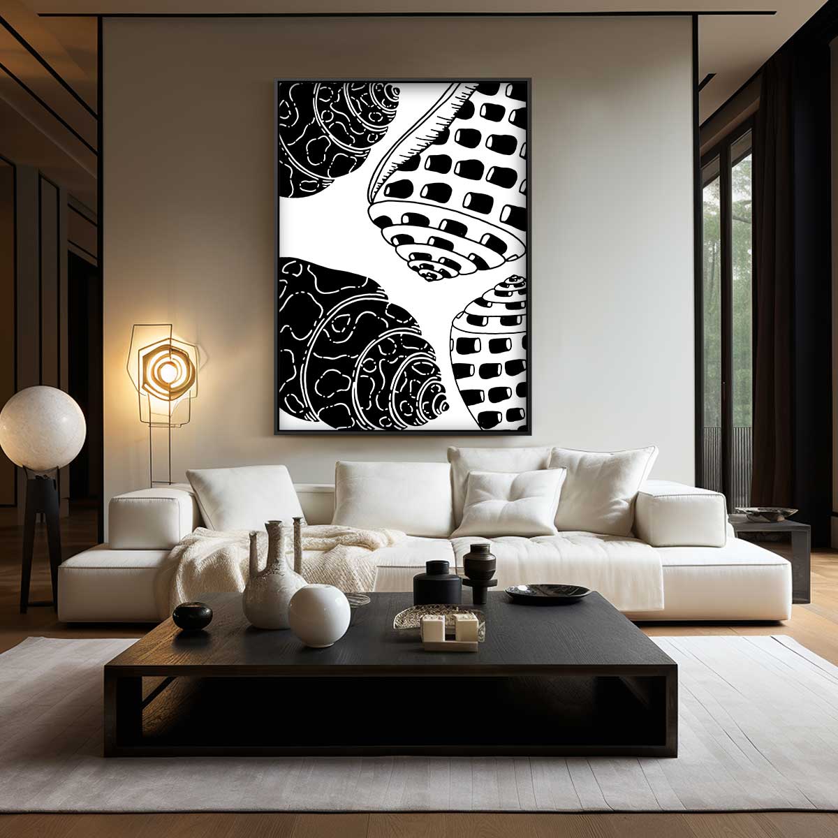 Schelpenpatroon in Zwart-Wit Kunstwerk-canvas-dibond-plexiglas-wanddecoratie-WallArtistic