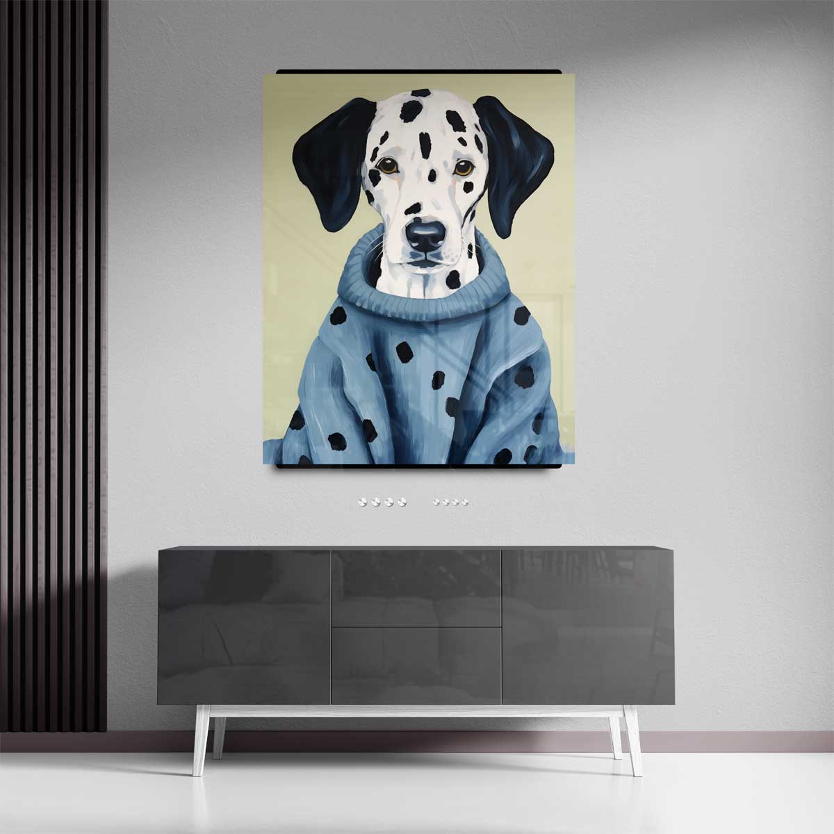 Stijlvolle Dalmatiër in Blauwe Trui Kunstwerk-canvas-dibond-plexiglas-wanddecoratie-WallArtistic