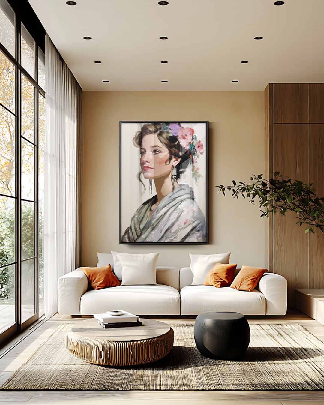 Elegant Portret van een Vrouw met Bloemen Kunstwerk-canvas-dibond-plexiglas-wanddecoratie-WallArtistic