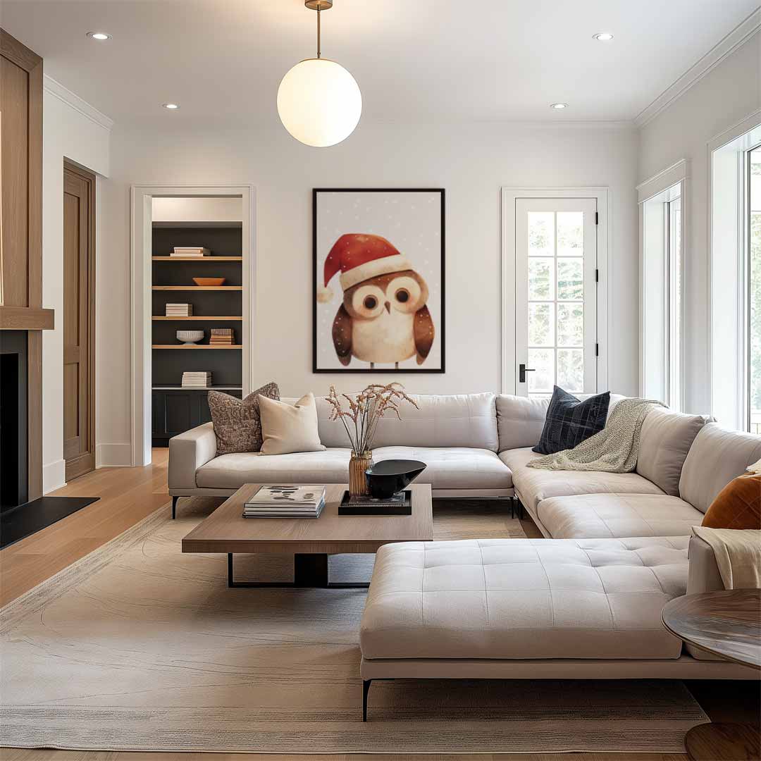 Schattige Uil met Kerstmuts Kunstwerk-canvas-dibond-plexiglas-wanddecoratie-WallArtistic