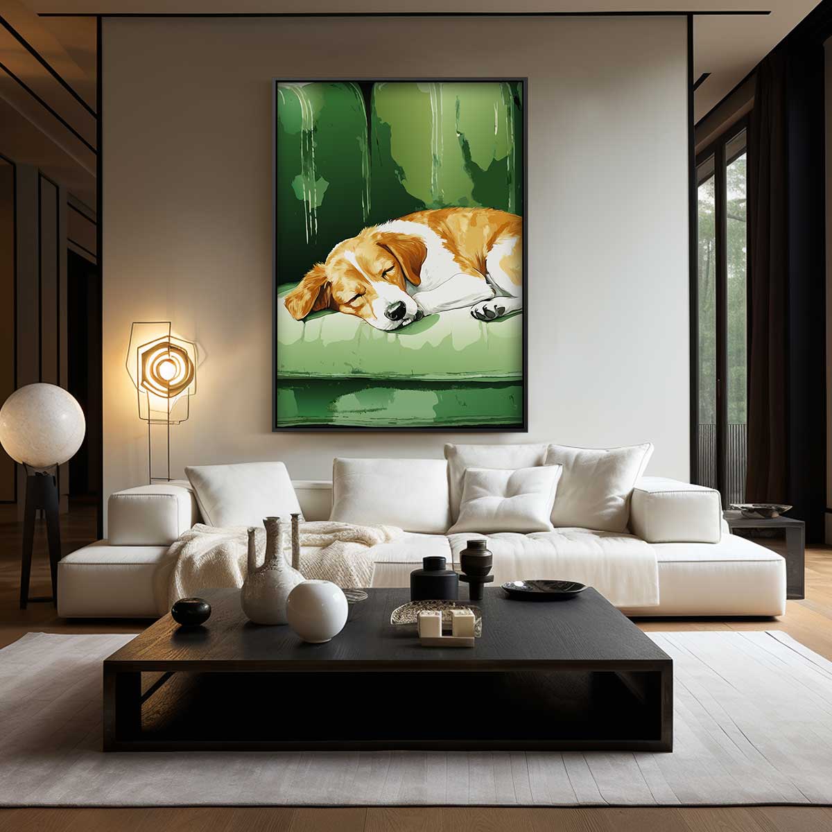Slapende Beagle op Groene Bank Kunstwerk-canvas-dibond-plexiglas-wanddecoratie-WallArtistic