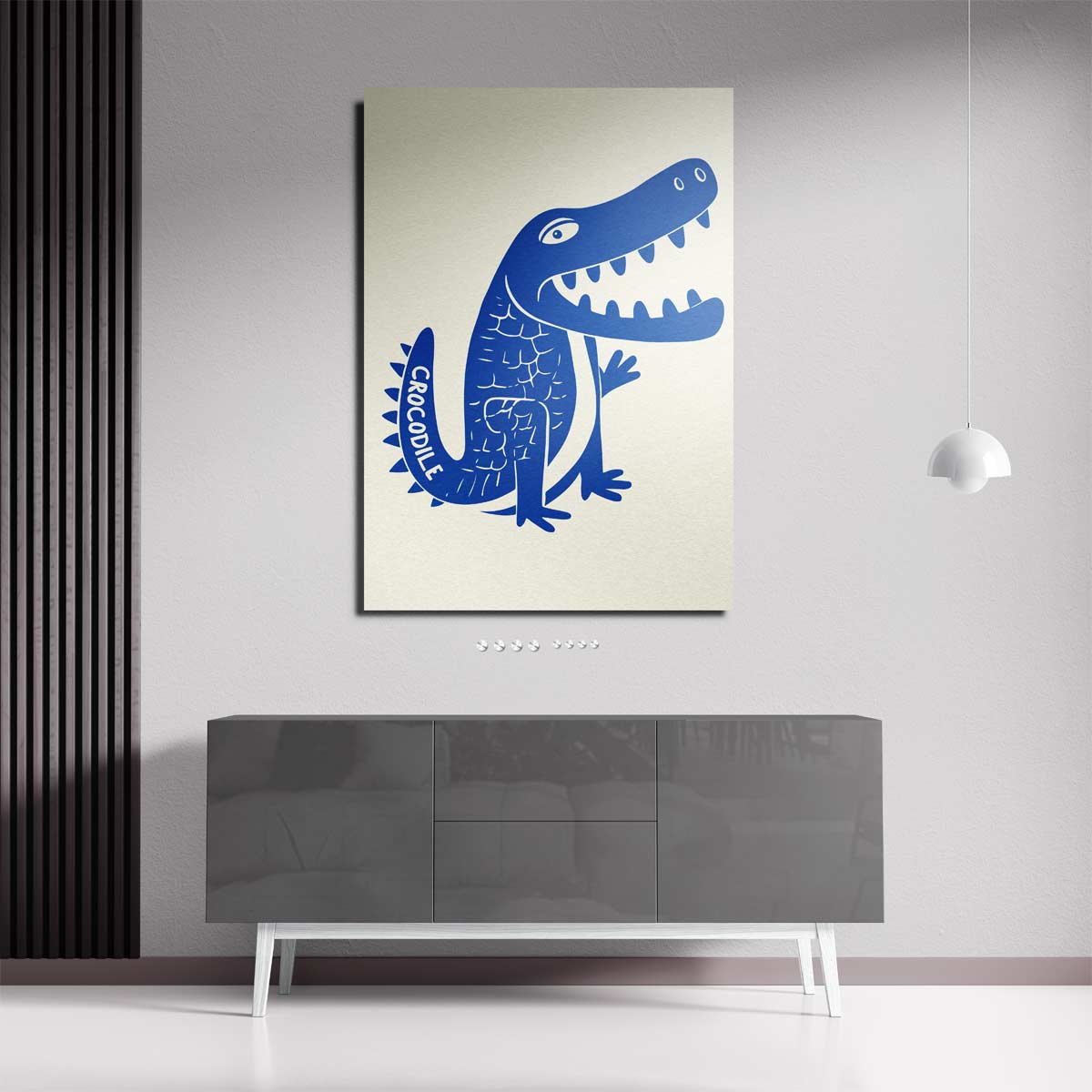 Speelse Blauwe Krokodil Illustratie Kunstwerk-canvas-dibond-plexiglas-wanddecoratie-WallArtistic