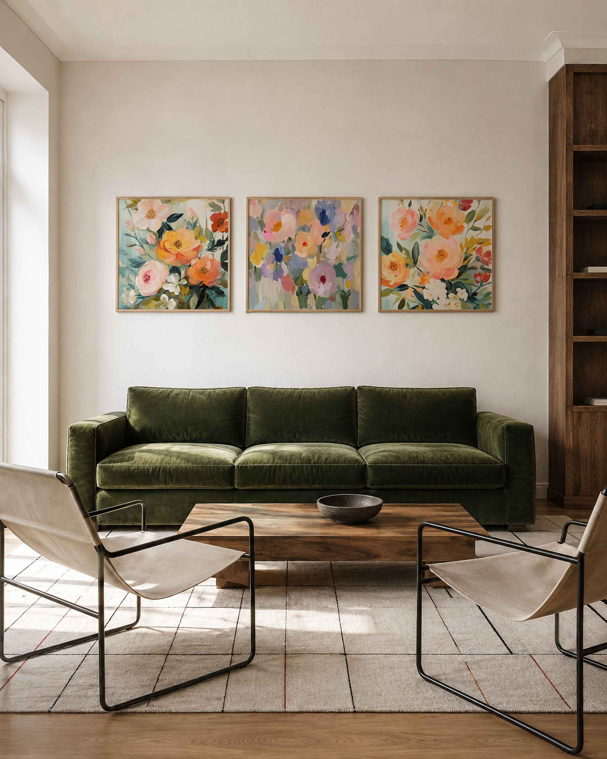 Interieurpresentatie van een driedelige vierkante posterset met kleurrijke bloemen