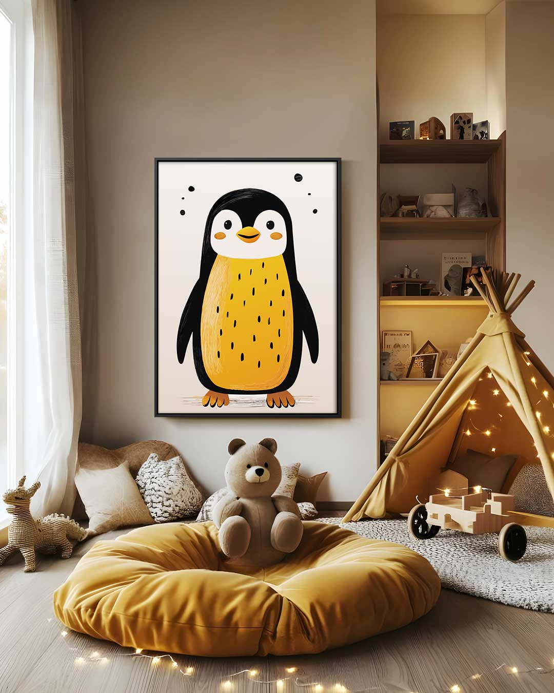 Vrolijke Pinguïn Illustratie Kunstwerk-canvas-dibond-plexiglas-wanddecoratie-WallArtistic