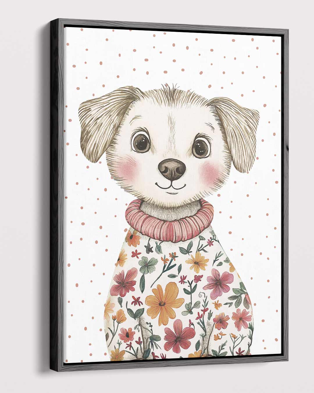 Vrolijke Pup in Bloemenjas Kunstwerk-canvas-dibond-plexiglas-wanddecoratie-WallArtistic