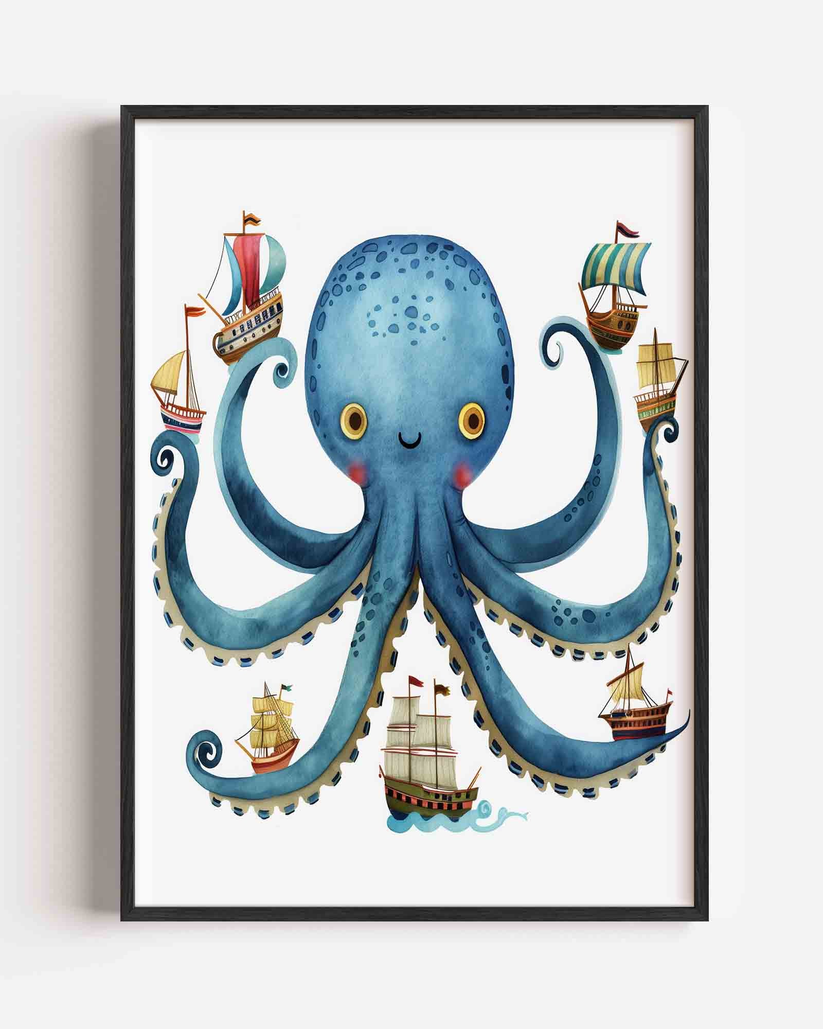 Blauwe octopus met schepen Poster