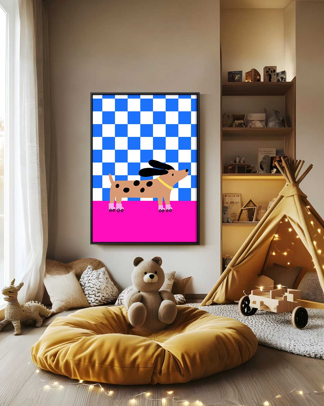 Hond op Rolschaatsen in Stijlvol Patroon Kunstwerk-canvas-dibond-plexiglas-wanddecoratie-WallArtistic