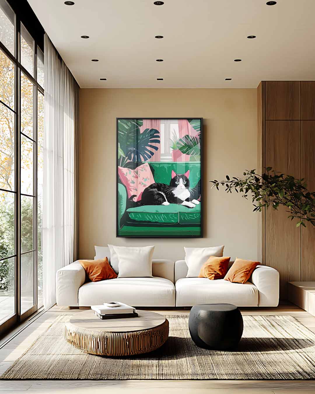 Gezellige Kat op Groene Bank Kunstwerk-canvas-dibond-plexiglas-wanddecoratie-WallArtistic