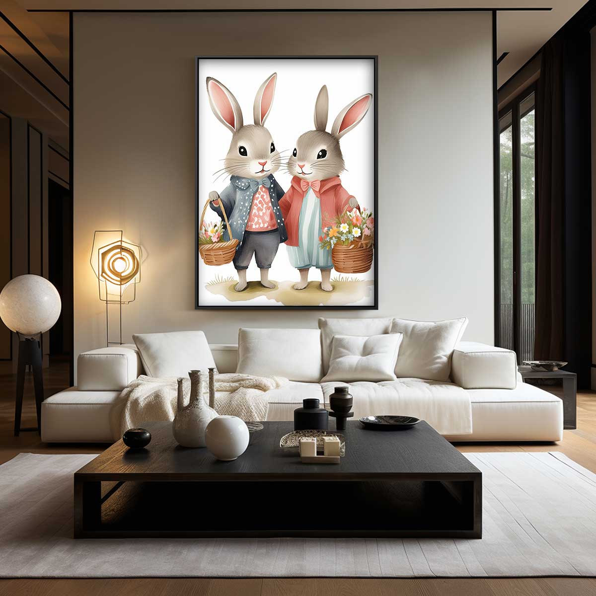 Schattige Konijntjes met Bloemenmanden Kunstwerk-canvas-dibond-plexiglas-wanddecoratie-WallArtistic