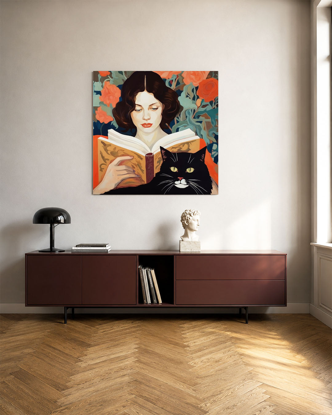 Vrouw met kat en boek Kunstwerk