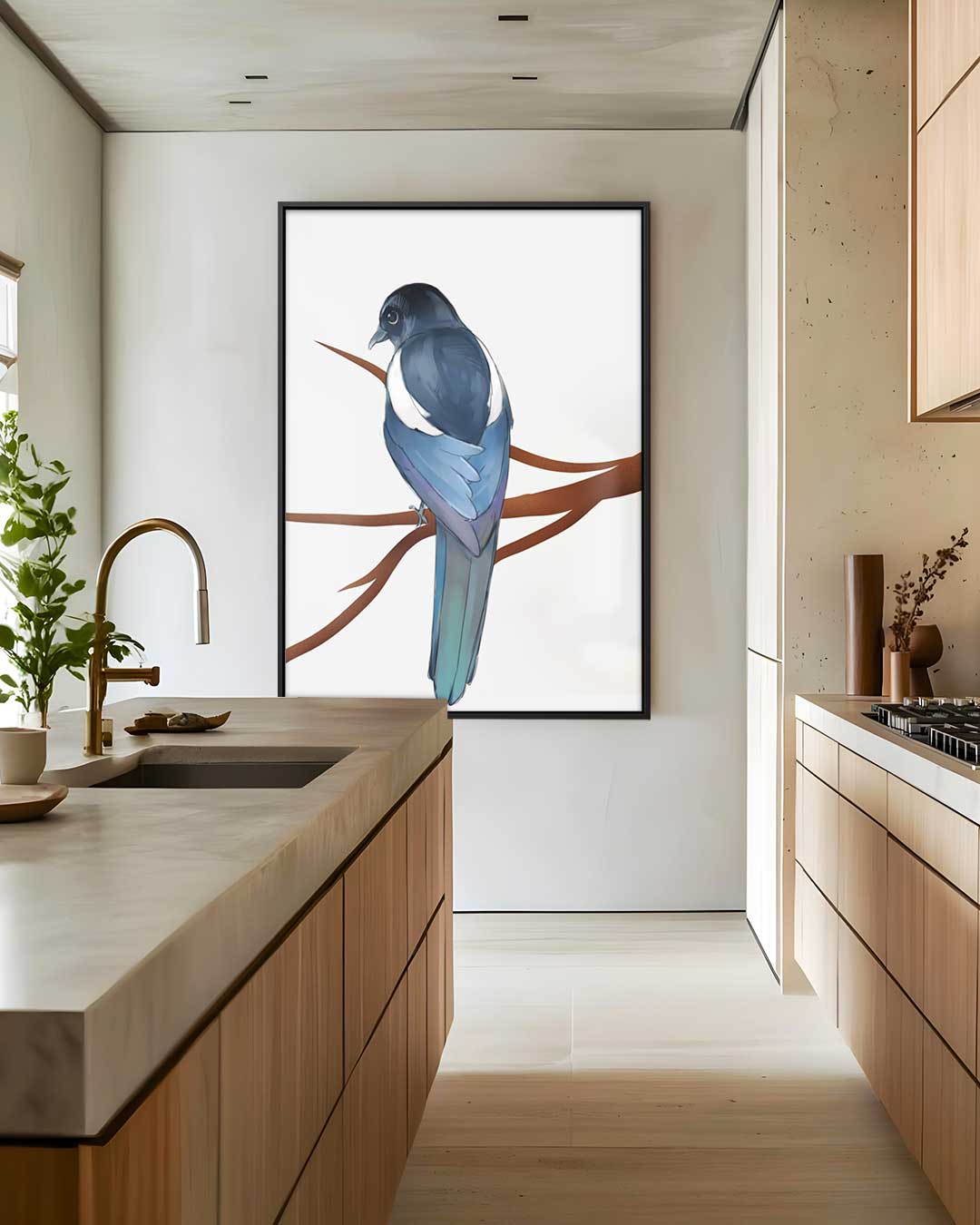 Kleurrijke Ekster op Tak Kunstwerk-canvas-dibond-plexiglas-wanddecoratie-WallArtistic