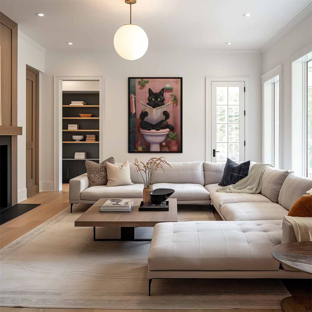 Kat Met Krant in de Badkamer Kunstwerk-canvas-dibond-plexiglas-wanddecoratie-WallArtistic