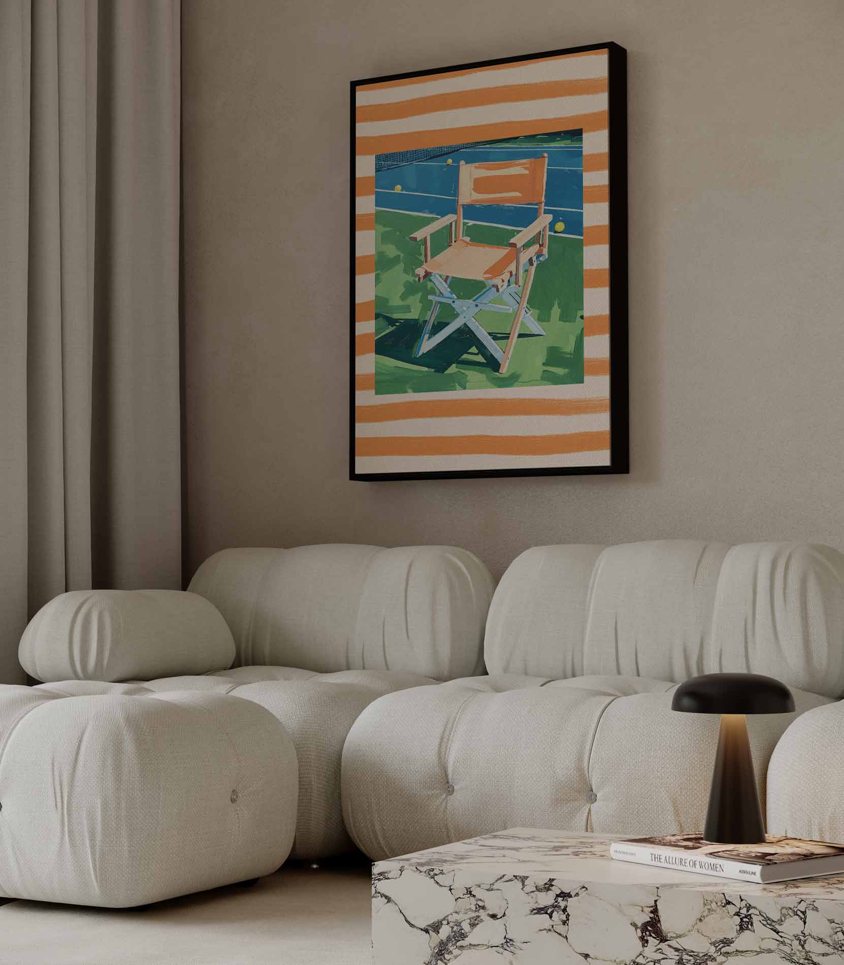 Zomerse Stoel op de Tennisbaan Kunstwerk-canvas-dibond-plexiglas-wanddecoratie-WallArtistic