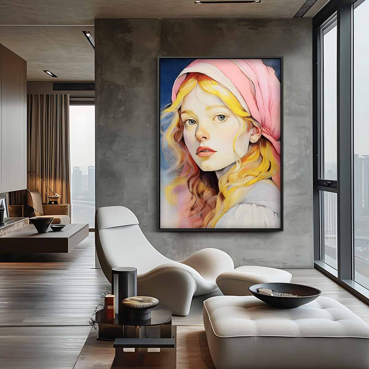 Dromerige Meisje met Roze Hoofddoek Kunstwerk-canvas-dibond-plexiglas-wanddecoratie-WallArtistic