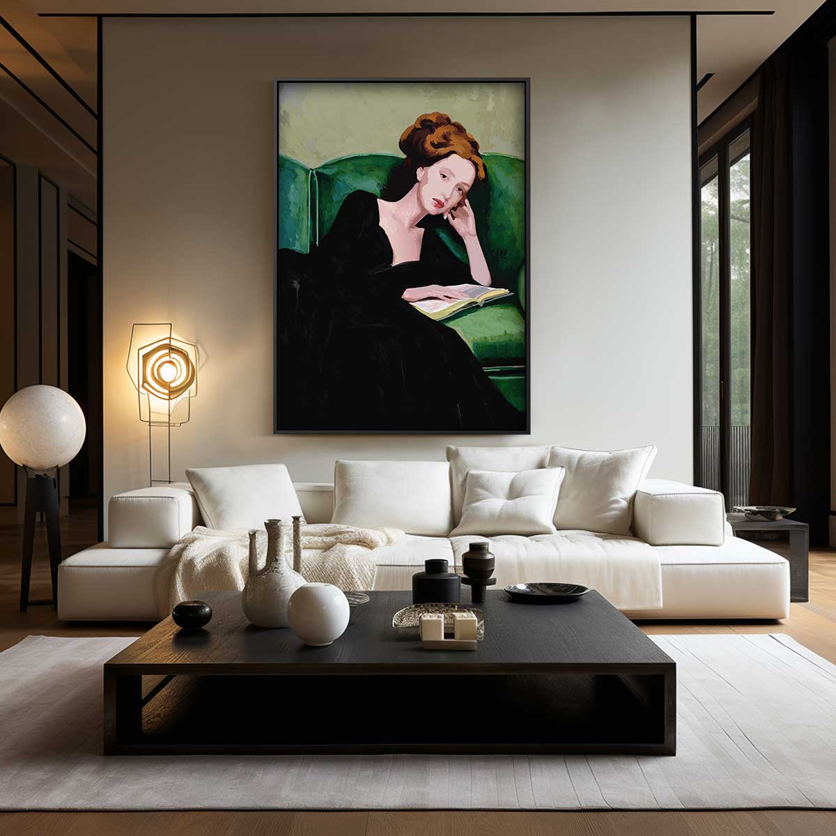 Dromerige Lezeres op Groene Bank Kunstwerk-canvas-dibond-plexiglas-wanddecoratie-WallArtistic