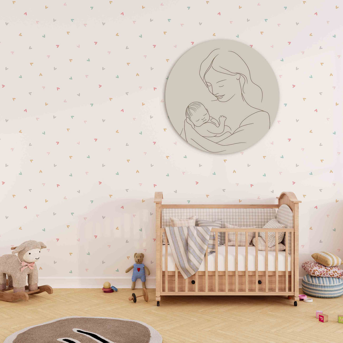 Moeder en kind Muurcirkel – derde productweergave – Een lijntekening van een moeder die een baby vasthoudt in zachte beige