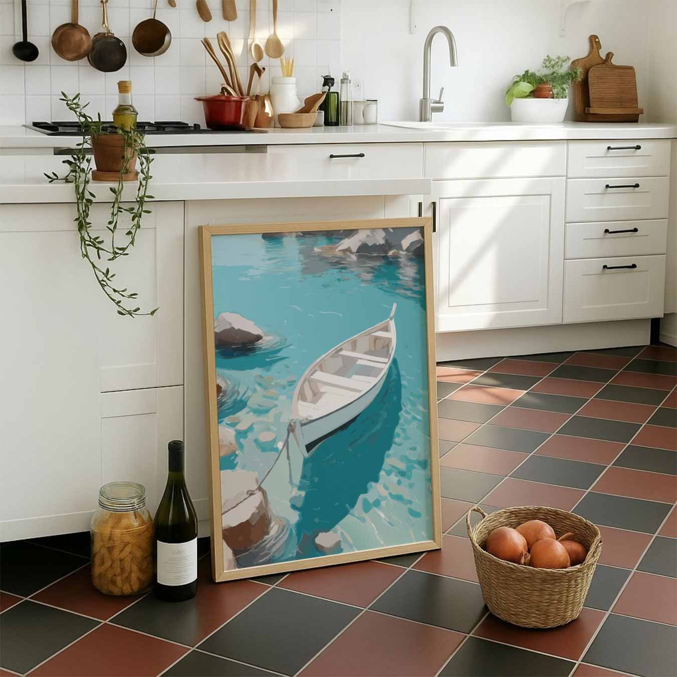Rustgevende Boot op Helder Blauw Water Poster