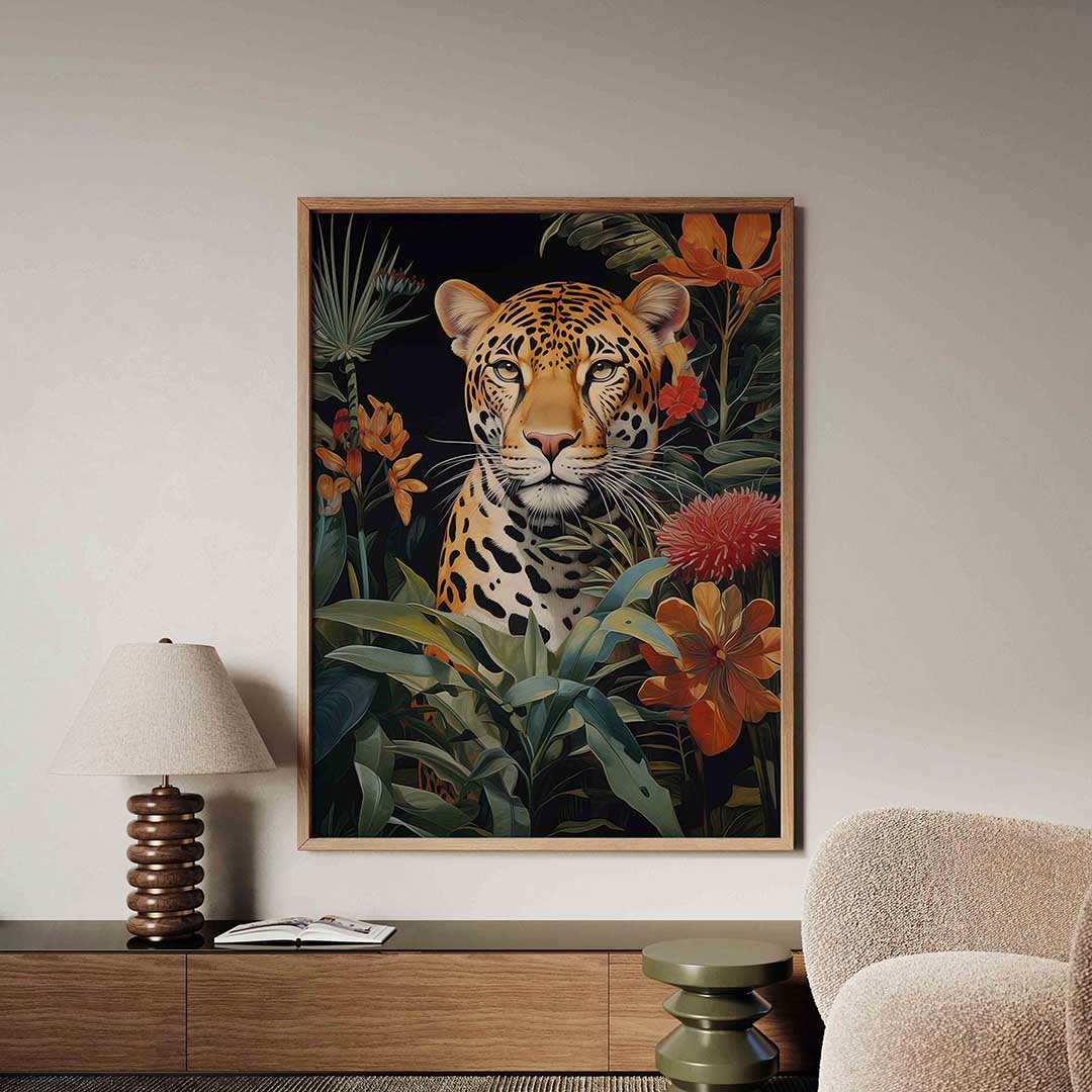 Luipaard tussen tropische bloemen Poster