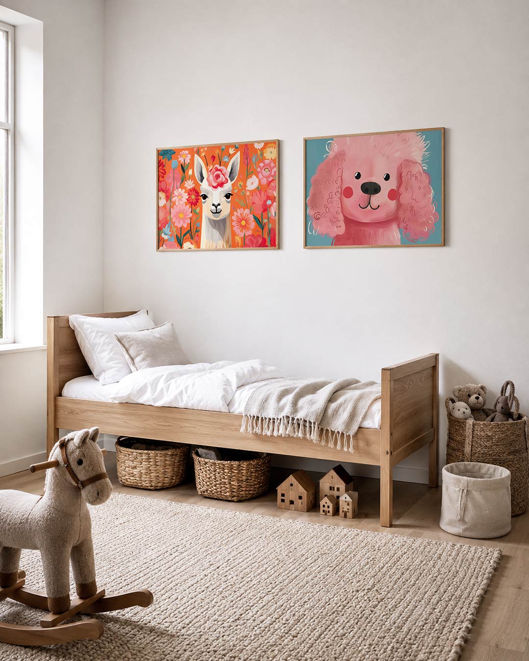 Interieurpresentatie van twee posters met een vrolijke lama omringd door kleurrijke bloemen op een oranje achtergrond